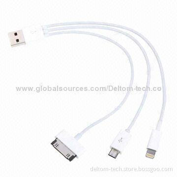 3-in-1 USB Sync/Mobile Phone-PC Data Cables for Samsung, iPhone, HTC, White Color